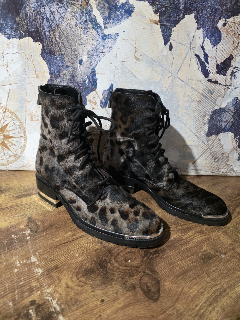 Unique Barbara Bui Leopard Print Cow Hide Lace-Up Women's Boots - Brown/Black